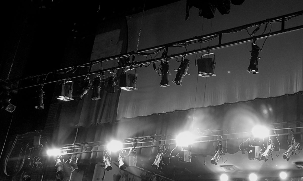 Back stage lighting instruments pipe bw Raleigh Little Theatre