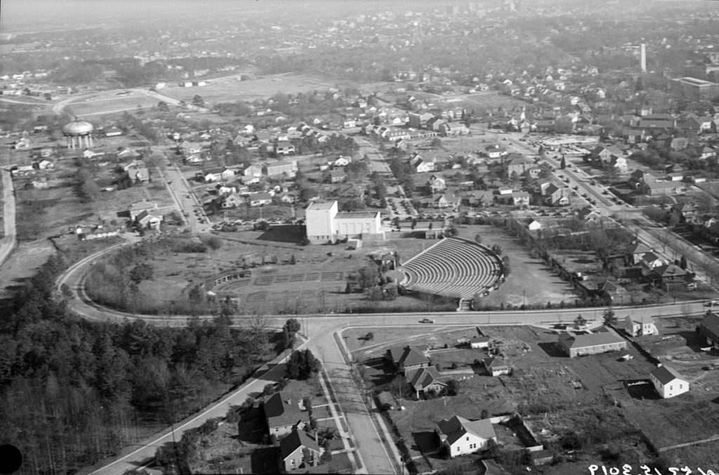 Aerial view of Raleigh Little Theatre and environs, 1949
