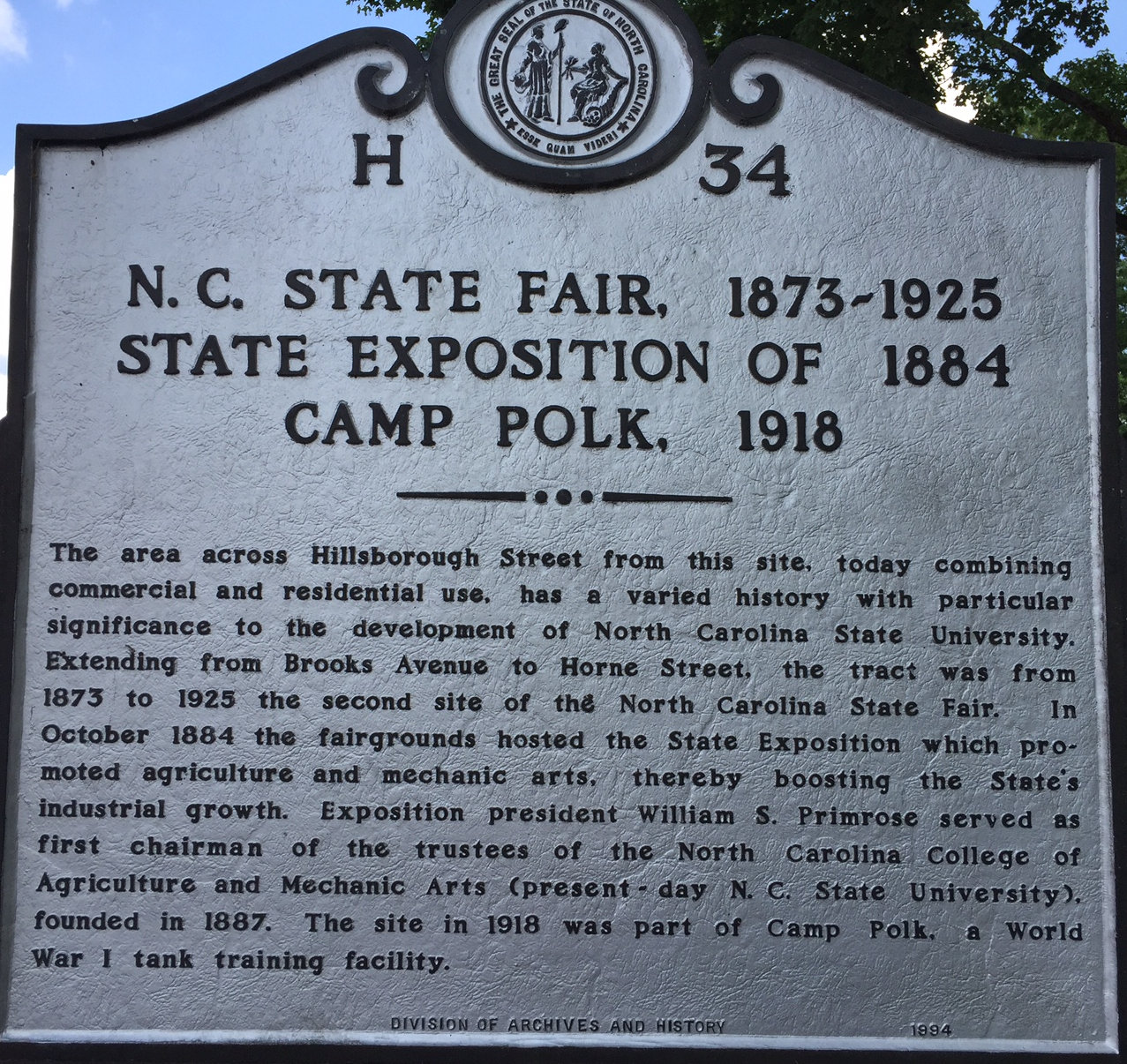 Historic Marker for the NC State Fair 1873-1925, State Exposition of 1884, and Camp Polk 1918