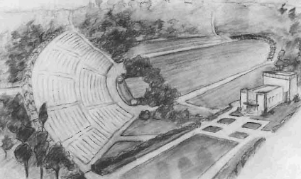 Architect's sketch of RLT on the grounds of the old State Fair race track ravine