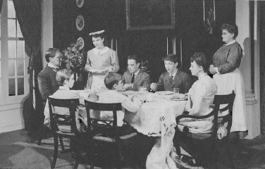 At the table in Life With Father (1948) are: (clockwise) Ainslie Pryor, Frances O'Neal, Leonard Mann, Alan Gordon, Emily Purcell (standing), Edith Burgess, Jackie Mobley and Ned Meekins