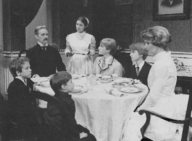 Mike Shankle and Susan T. Wilkins head the family in a familiar scene from Life With Father (1980).