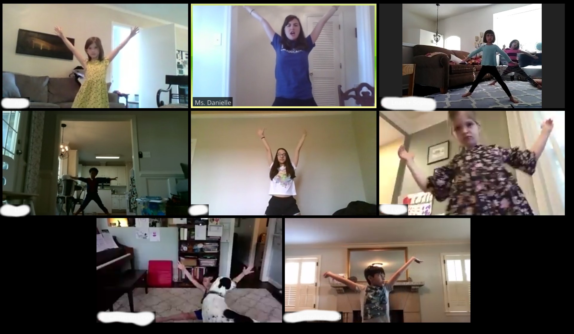 Zoom screengrab of a class of kids stretching